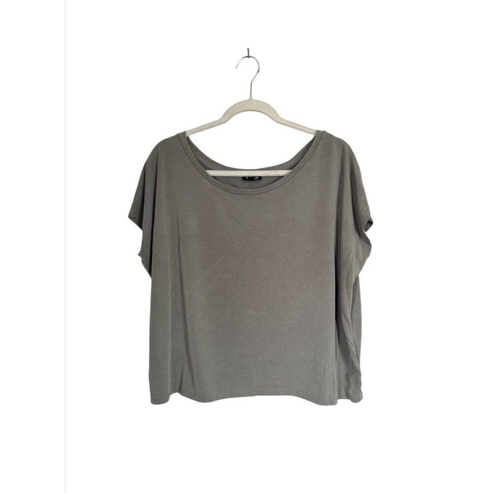 Express Women Sz Large Gray Green Boxy Shirt Top Pullover Cap Sleeve Scoop Neck